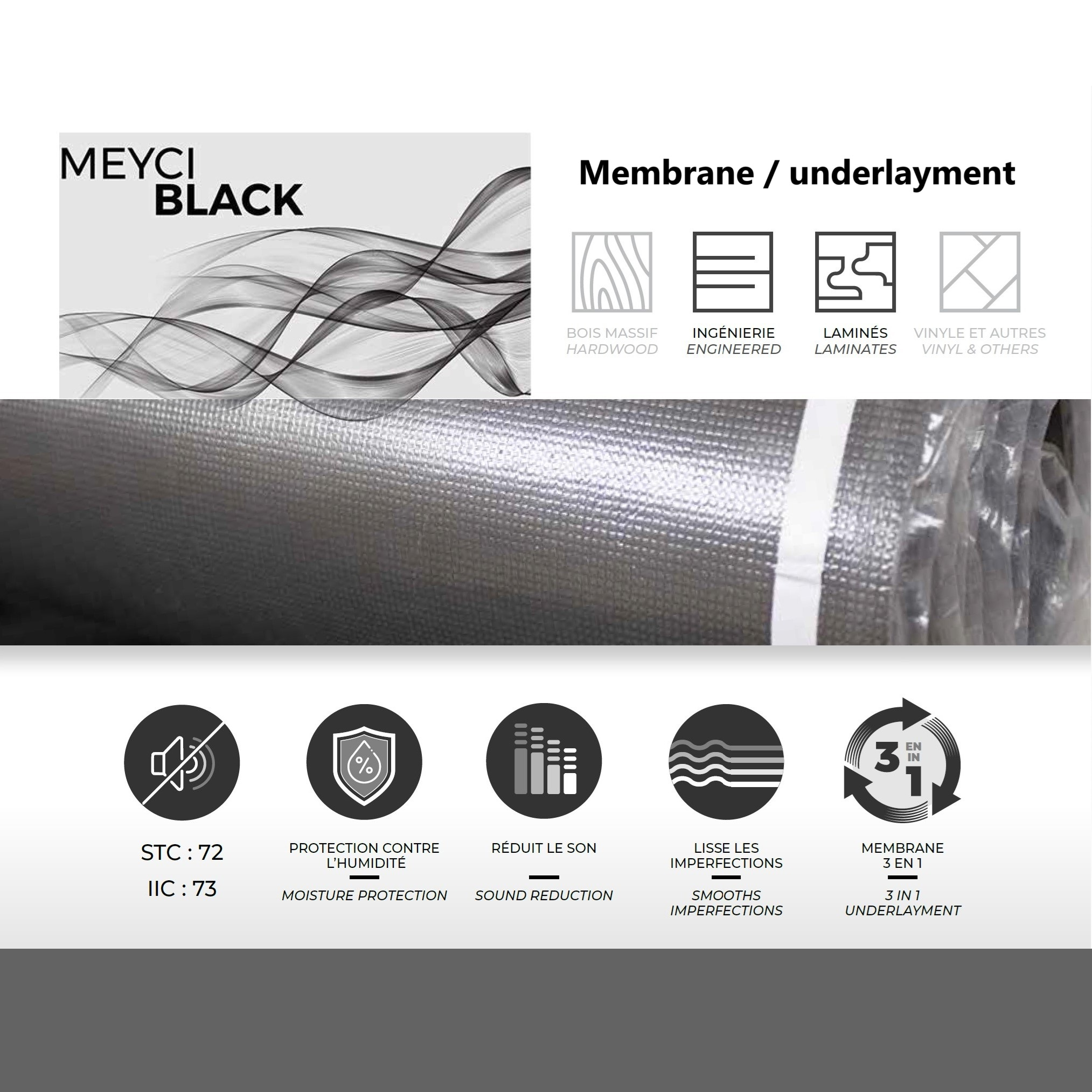 Membrane meyci noir pour plancher stratifié & d'ingénierie