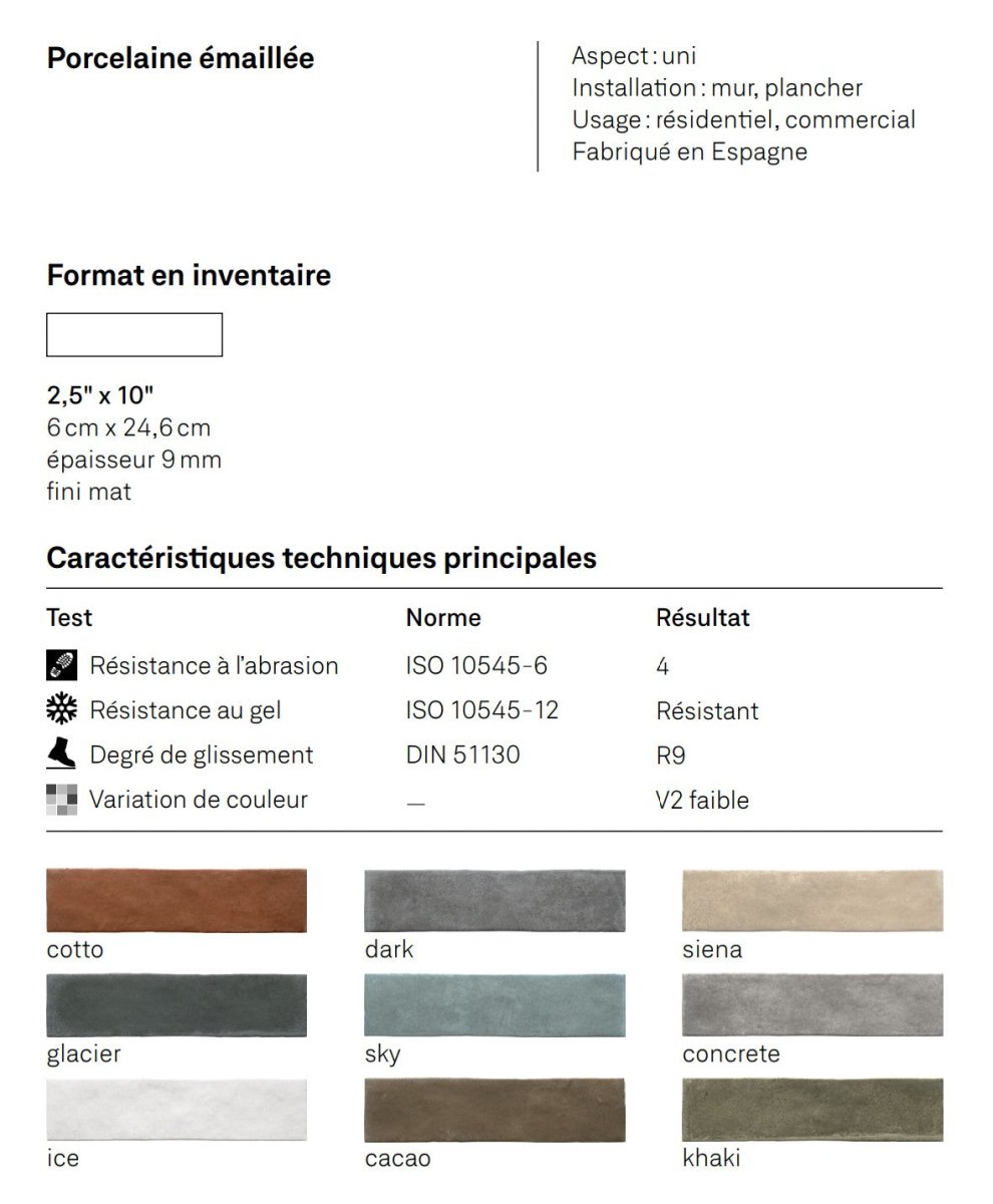 Argile collection - Tuile murale 2.5x10 - Céramique l'Entrepôt