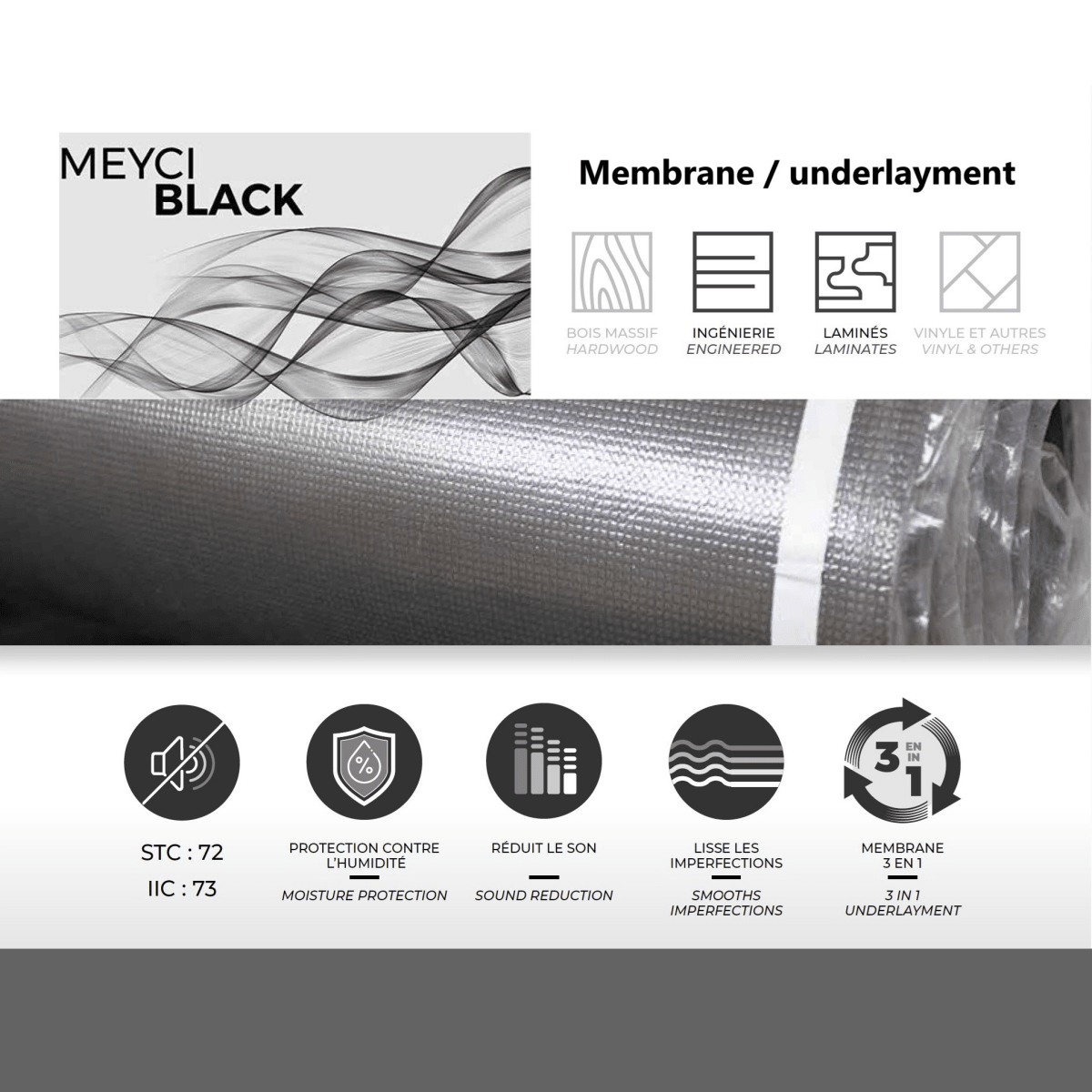 Membrane meyci noir pour plancher stratifié & d'ingénierie